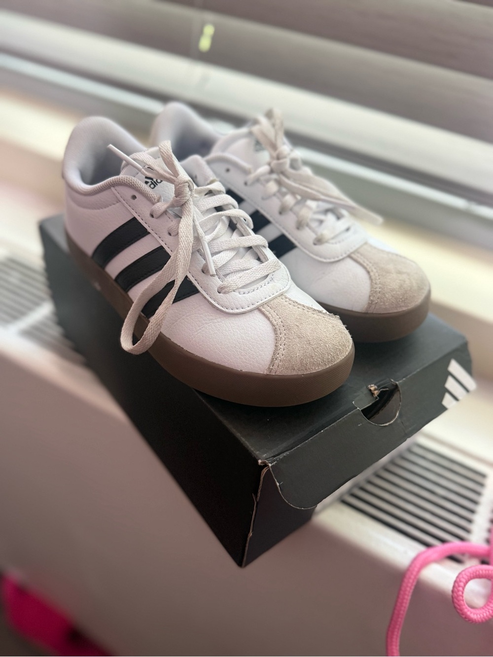 adidas Kids White Sneakers with Black Stripes and Brown Gum Sole